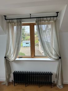 Linen curtains x 4 with poles and tie backs