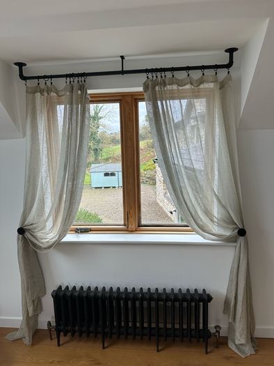 Linen curtains x 4 with poles and tie backs