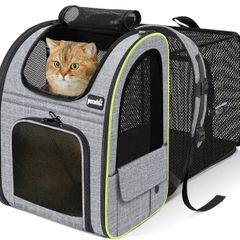 Cat Backpack Expandable, Backpack for Cats & Small Dogs, Grey  Hands Free Pet Backpack with 4-Side Breathable Mesh, Multi-Entry & Lockable Zippers for Travel, Hiking, Camping