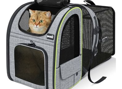 Cat Backpack Expandable, Backpack for Cats & Small Dogs, Grey  Hands Free Pet Backpack with 4-Side Breathable Mesh, Multi-Entry & Lockable Zippers for Travel, Hiking, Camping
