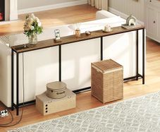 200 cm Narrow Console Table with Power Outlet, 18 cm Skinny Sofa Table, Long Behind Couch Table with Charging Station, for Entryway, Hallway, Living Room, Rustic Brown and Black