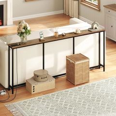 200 cm Narrow Console Table with Power Outlet, 18 cm Skinny Sofa Table, Long Behind Couch Table with Charging Station, for Entryway, Hallway, Living Room, Rustic Brown and Black