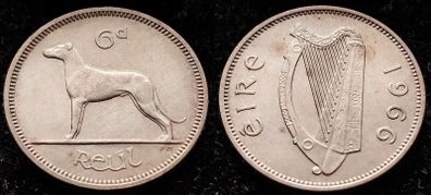 [#1249] - Ireland 1966 | 6 Pence | Wolfhound | KM.13a | UNC