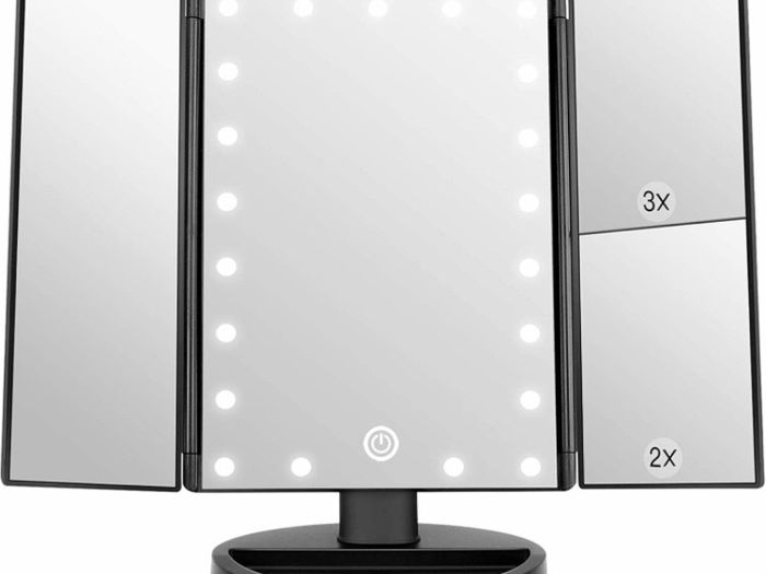 Vanity Makeup Mirror,1x/2x/3x Tri-Fold Makeup Mirror with 21 LED Lights and Adjustable Touch Screen