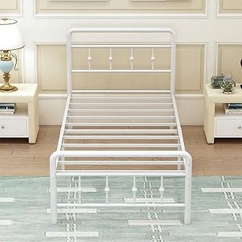 Single Bed Frame 3ft with Headboard and Footboard, Single Metal Bed Frame 46 cm High with Steel Slats Support, Noise Free, Easy Assembly, White
