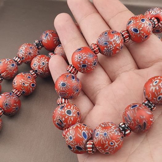 Antique Venetian Style Millefiori & Chevron Glass Beads Strands Necklace