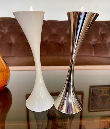 Vintage 20th Century Heavy Asymmetrical Stainless Steel and White Enamel Pair Of Candle Holders