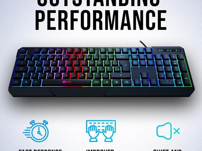 Chroma Gaming Keyboard UK Layout + Slim, Durable, Ergonomic, Quiet, Water Resistant, Silent Keys, USB + Wired Backlit Keyboard for Laptop PC Mac Gamer PS4 keyboard + NEW VERSION + Black  O5wt