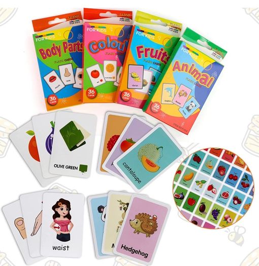 Kids Flash Cards Set Flash Cards for Children Early Learning Flash Cards Flash Cards for Toddlers Age 2-4 Baby Cards for Toddlers 1 2 3 4 years 4 Pack-144pcs Animals Fruits Body Parts & Colors