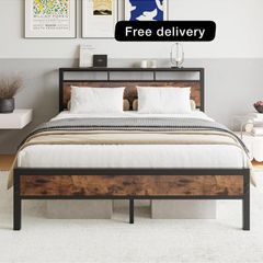 King Bed Frame with Wooden Storage Shelf Headboard