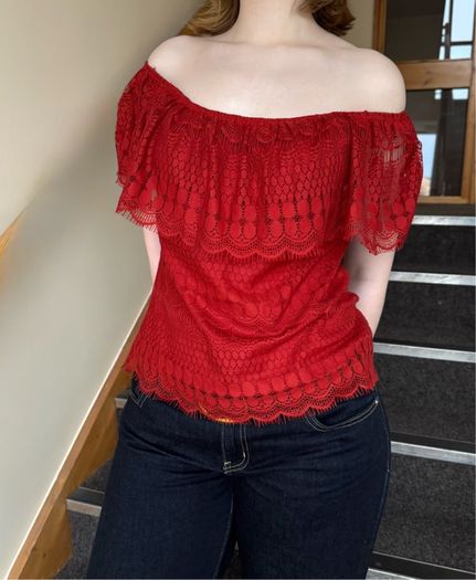 Brick Red Lace Off-Shoulder Top, stylish summer lace top, boho top