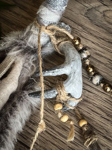 Dreadwraps / Hairwraps Fantasy White Grey Hairwrap Dreadwrap with a Pyrography Bead Antler and Trinkets Cosplay