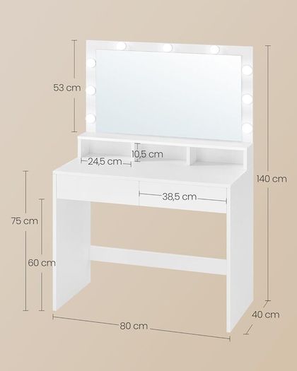 LED Dressing Table with LED Lighting, Vanity Table with Mirror, Adjustable Brightness, 2 Drawers and 3 Open Compartments