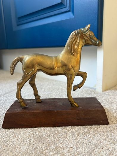 Vintage Brass Horse on a Wooden Base