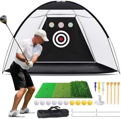 10x7ft Golf Practice Net for Backyard Driving with Triple Turf Mat 10 Practice Balls