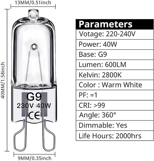 G9 Halogen Light Bulbs 40W, No Flickering, Dimmable, 600lm, 2800K, G9 Capsule Bulb, Warm White, 10 Pack