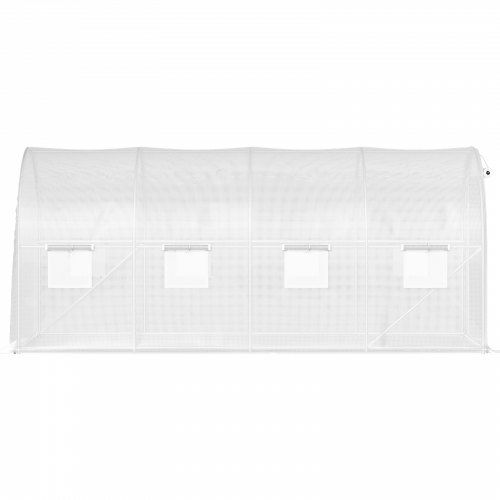 Walk-in Tunnel Greenhouse, 457.2 x 198.12 x 213.4 cm Portable Plant Hot House w/ Galvanized Steel Hoops, 1 Top Beam, 2 x Diagonal Poles, 2 Zippered Doors & 8 Roll-up Windows, White