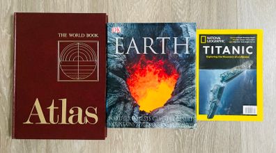 3 Gorgeous Reference Books - World Book Atlas, Earth & Titanic