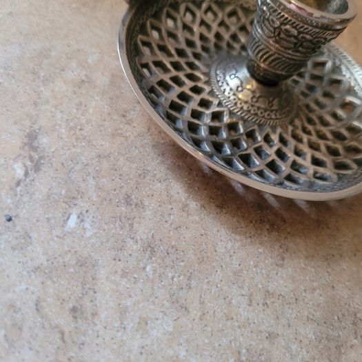 Vintage pair of lattice work chamber candleholders