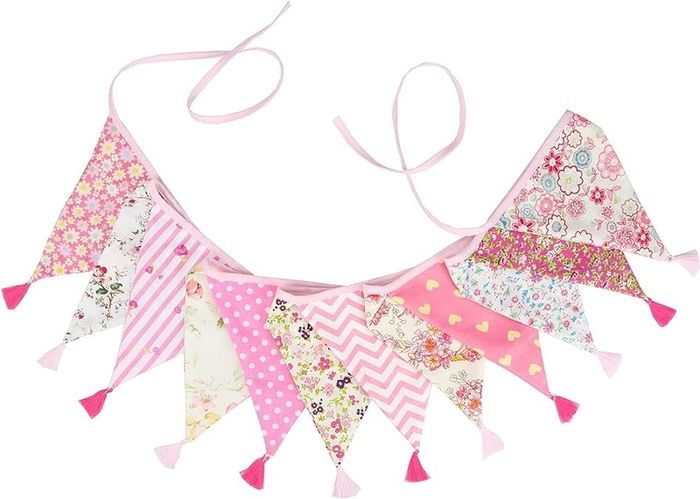NEW SALE Fabric Bunting Banner with Tassel, 3.3M Double Sided Cotton Tassel Banner with 12 Pink Triangle Pennants, Vintage Cloth Garlands for Nursery Bedroom Playhouse Decoration