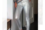 Slim Fit Faux Leather Leggings Pants with Pockets Silver S/M