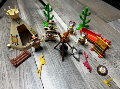 Vintage Disney Frontierland Playset Lot Teepee Canoe Mickey Minnie Donald Figures