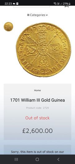 1701 William 3rd Full Gold Guinea. Beautiful and Scarce.