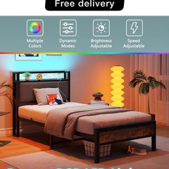 3ft Single Bed Frame with Storage Headboard,LED Lights