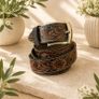 Premium Genuine Leather Belt Dual Tone Vintage Embossed Design with Antique Metal Buckle Image 8