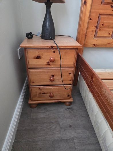 Bedroom furniture - bed frame, chest of drawers and 2 x locker