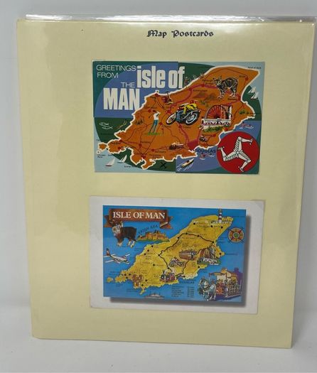 24 Beautifully written up Isle of Man display pages with lots of postcards and stamps. Maps, IOM TT and Manx cat noted