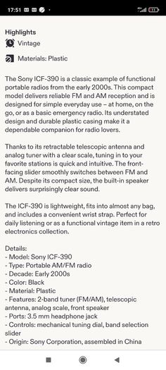 Sony vintage portable radio