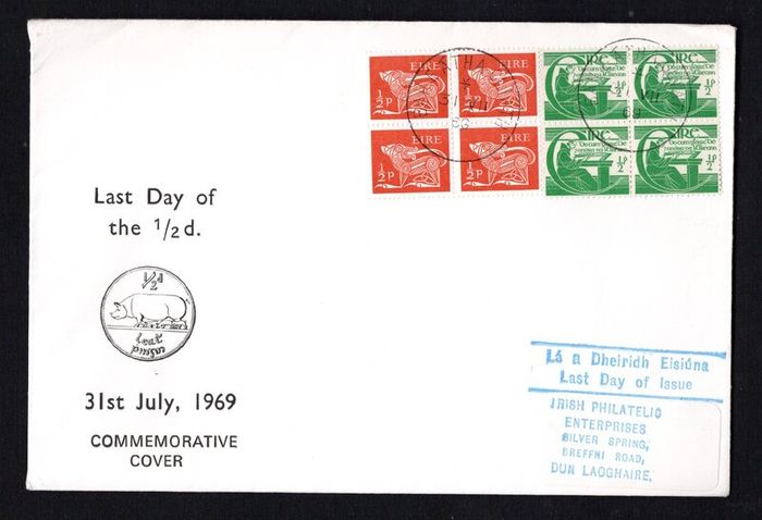 1969 Ireland 1/2d Blocks of 4 Definitive Stamps cover for the last day of the 1/2d 31st July 1969 Cover