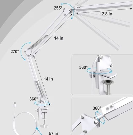 LED Desk Lamp with Clip Eye Protection Desk Lamps for Study - Swing Arm USB Desk Lamp Office - 3 Light Modes x 10 Brightness Levels - 5V/2A Adapter White