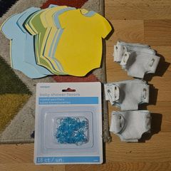 Handmade Baby Shower Decorations & Favours  60 Babygrows, 15 Felt Nappies & Dummies