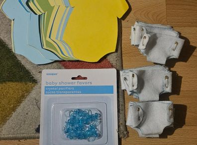 Handmade Baby Shower Decorations & Favours  60 Babygrows, 15 Felt Nappies & Dummies
