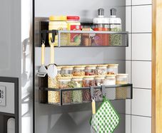 Magnetic Spice Rack for Refrigerator, 2 Pack Magnetic Shelf, Fridge Magnet Organizer with Moveable 4 Hooks, Magnet Fridge Shelf for Kitchen Organization and Storage (2 Pack)