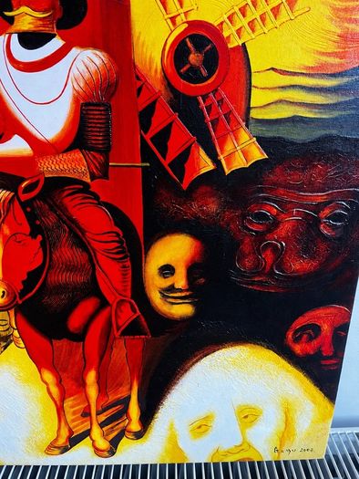 Signed Canvas Painting Striking Red and Gold Don Quixote Artwork 61.5 x 50cm
