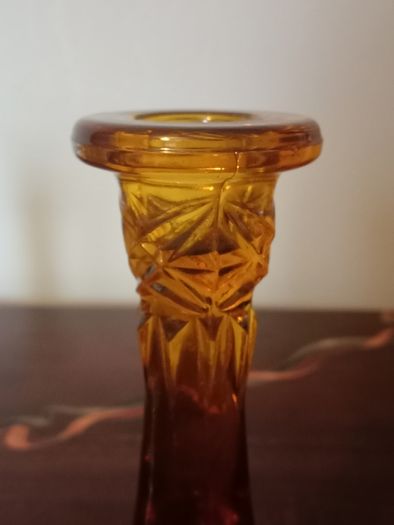 Pair of Vintage Amber Glass Candlestick Holder with Cut Glass Design.