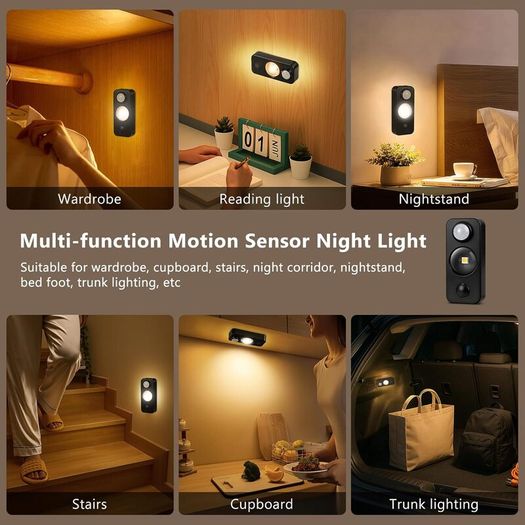 LED Motion Sensor Lights Indoor, Rechargeable Cupboard Lights with 3 Modes, Stick-On Dimmable Wireless USB Wardrobe Light for Drawer, Shelf, Stairs, Hallway, Under Cabinets, Warm White(4 Pack) [Energy Class A+]