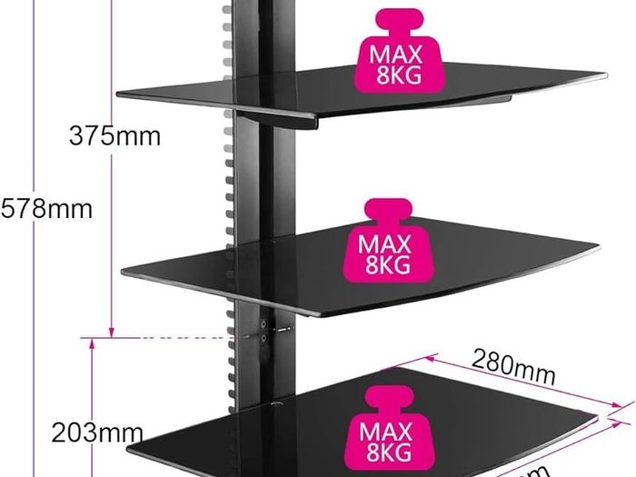 NEW SALE | 3 Floating Shelf Wall Bracket with Strengthened Tempered Glass for DVD Players/Cable Boxes/Games Consoles/TV Accessories, 3 Shelves, Black
