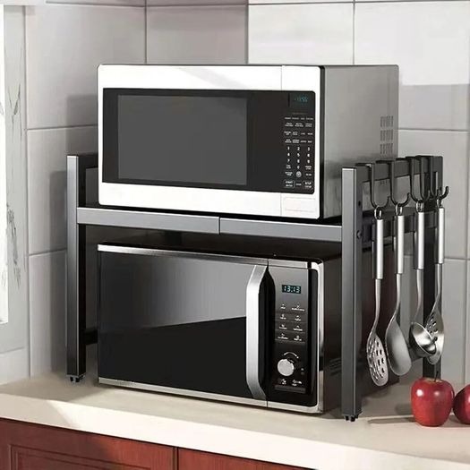 Expandable Microwave Rack Shelf, 2 Tier Oven Rack Stand Holder Kitchen Corner Shelf Desktop Printer Shelf Rack, Bakers Rack, Air Fryer shelf Stand,Storage Solution Organiser (Black)