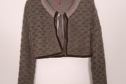 Alice Barnabe By Enjoy Brown Khaki Textured Knit Lace Trim Front-Tie Cropped Bolero Shrug Cardigan 12UK/40EU