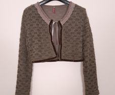 Alice Barnabe By Enjoy Brown Khaki Textured Knit Lace Trim Front-Tie Cropped Bolero Shrug Cardigan 12UK/40EU