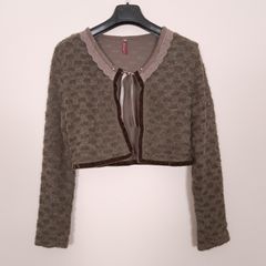 Alice Barnabe By Enjoy Brown Khaki Textured Knit Lace Trim Front-Tie Cropped Bolero Shrug Cardigan 12UK/40EU