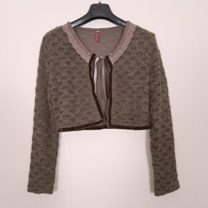 Alice Barnabe By Enjoy Brown Khaki Textured Knit Lace Trim Front-Tie Cropped Bolero Shrug Cardigan 12UK/40EU
