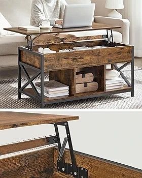 Living Room Table with Lift Top, Coffee Table, Hidden Compartment and Open Compartments, Steel Frame, 50 x 100 x (46.5-62) cm, Vintage Brown and Black
