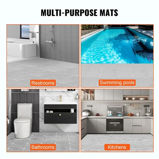 55 Pack Floor Tiles 30 x 30 cm Modular Interlocking Cushion Splicing Drainage Mats, Soft PVC Interlocking Drainage Floor Tiles, Non-Slip Drainage Holes for Restroom, Bathroom, Kitchen, Pool, Wet Area, Gray