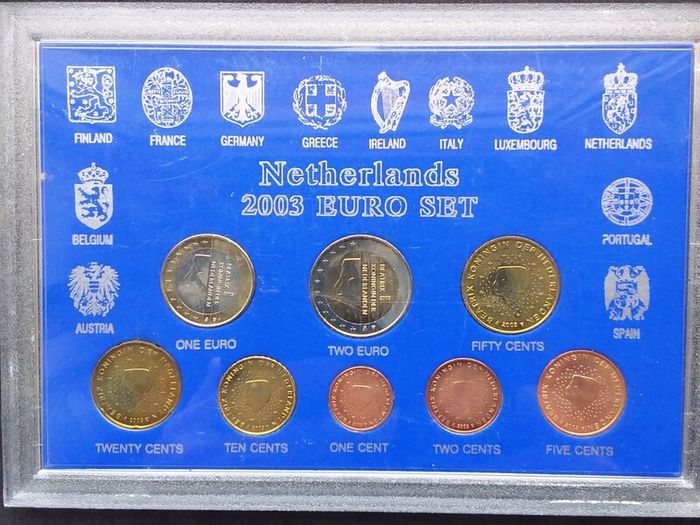 Netherlands 2003 Euro Coin Set - Complete 8-Coin Brilliant Uncirculated (BU) Set In Display Case