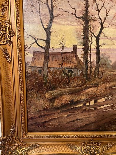 Large French oil painting in antique frame